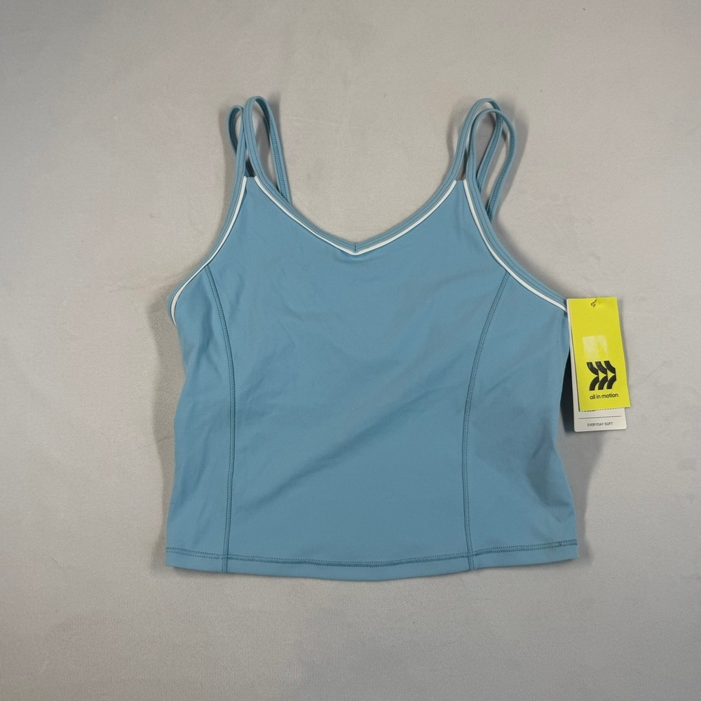 All in Motion Girls Tank Top Medium (8) Everyday Soft Crop Blue White Piping New
